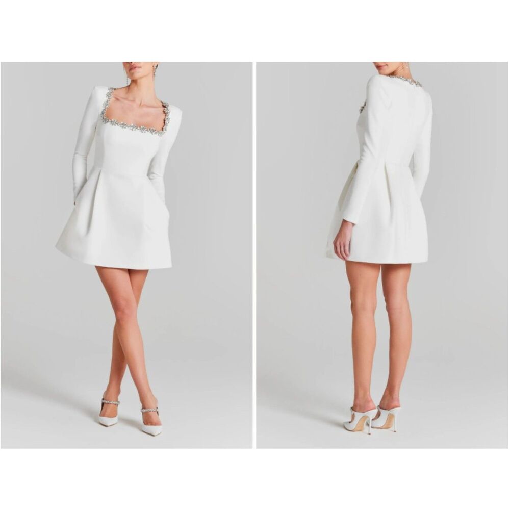 Nadine Merabi Women's White Kimberly Rhinestone Long Sleeve Minidress Size 14